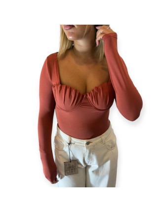 R - Body a Corsetto RUGGINE con Manica Lunga – Eleganza e Femminilità