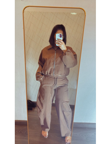 Coordinato oversize beige – Pantalone ballon con laccetti e giacca bomber – Taglia unica (S-L)
