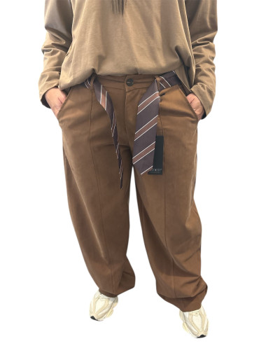 Pantalone Palazzo - MARRONE Effetto Renna - con Cintura Cravatta Marrone – Taglia Unica (fino a L)