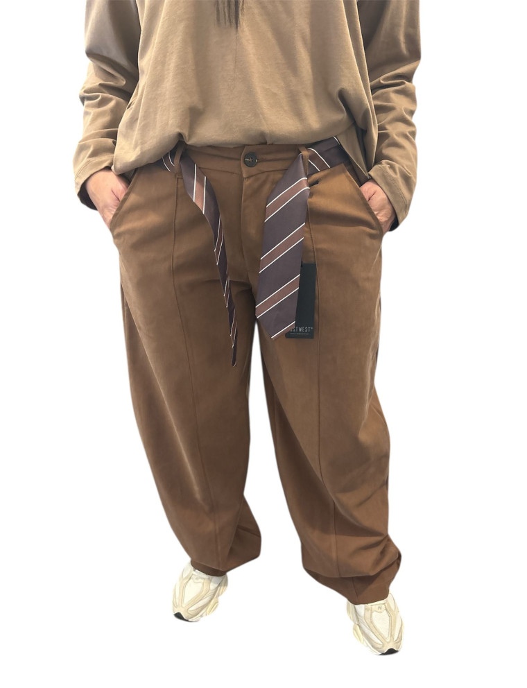 Pantalone Palazzo - MARRONE Effetto Renna - con Cintura Cravatta Marrone – Taglia Unica (fino a L)
