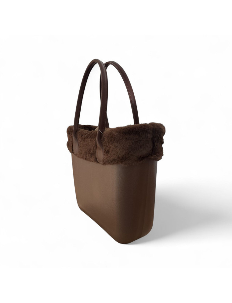 Borsa modello O Bag -  con bordo in pelliccia fango