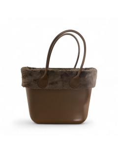 Borsa modello O Bag con pelliccia color fango -  e scocca in gomma marrone