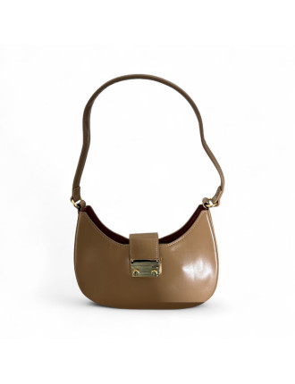 Borsa beige- lucida a spalla e tracolla con dettagli oro