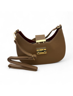 Borsa beige- lucida a spalla e tracolla con dettagli oro